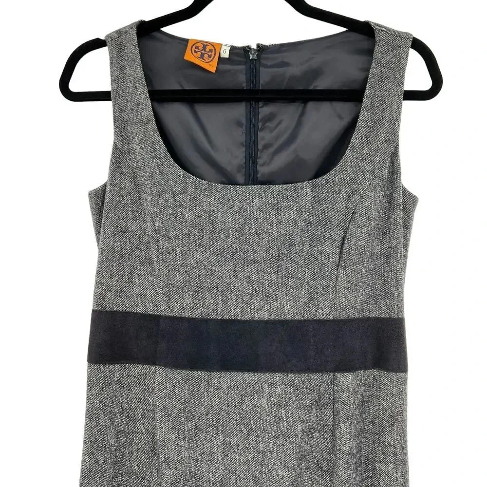 Tory Burch Navy Blue‎ Tweed Dress Chevron Hem Suede Leather Accents Size 6